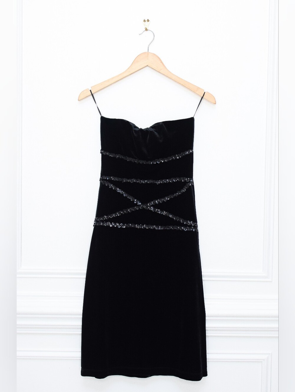 Vintage Black Velvet Beaded Drop Waist Dress Strapless Size S Whimsigoth 90s Y2K